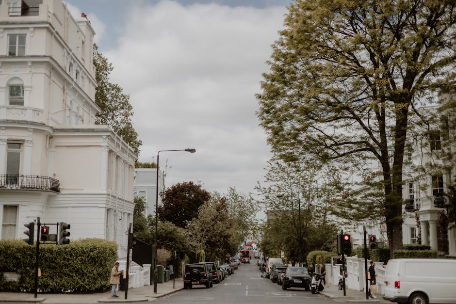 A broad urban street scene on Holland Park Road features white, multi-storey Victorian-style residential buildings with decorative architectural details, balconies, and large sash windows. On the left, a traffic light displaying a red signal is mounted on a black pole, next to a well-maintained hedge bordering the sidewalk, where a pedestrian is seen standing near a lamppost. On the right, a large deciduous tree with partially leafed-out branches extends over the street, casting subtle shadows. Several vehicles, including black, white, and grey cars, are parked along both sides of the road, with a few moving in the distance. The sky is overcast with grey clouds, contributing to an evenly diffused lighting across the scene. This depiction of a typical London residential street subtly relates to private waste handling services like those offered by House Clearance Holland Park, as evidenced by a collection of rubbish visibly stacked or prepared along the pavements, though specifics of waste materials are not distinctly shown in the image. The overall environment suggests a quiet, well-kept neighbourhood with the potential for on-site or independent rubbish clearance or collection when required.