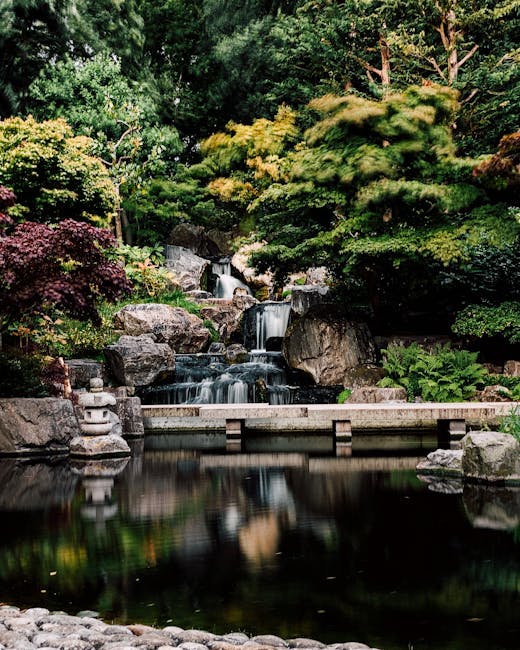 A tranquil garden scene featuring a small waterfall cascading over large, dark grey rocks into a calm pond, with a concrete bridge crossing the water at the foreground. The surrounding environment includes lush greenery and a variety of trees and shrubs, such as bushes with purple and green leaves. The trees have dense foliage, and some branches extend over the water. The waterfall and pond are part of the landscaped garden, which appears well-maintained and designed for aesthetic appeal. The overall lighting suggests a slightly overcast day, with soft natural light illuminating the scene. This setting exemplifies a peaceful outdoor space suitable for maintaining by services like House Clearance Holland Park, which may include the removal of garden debris or waste associated with landscape upkeep, reflecting the context of alternative waste handling and rubbish removal services in private garden environments.